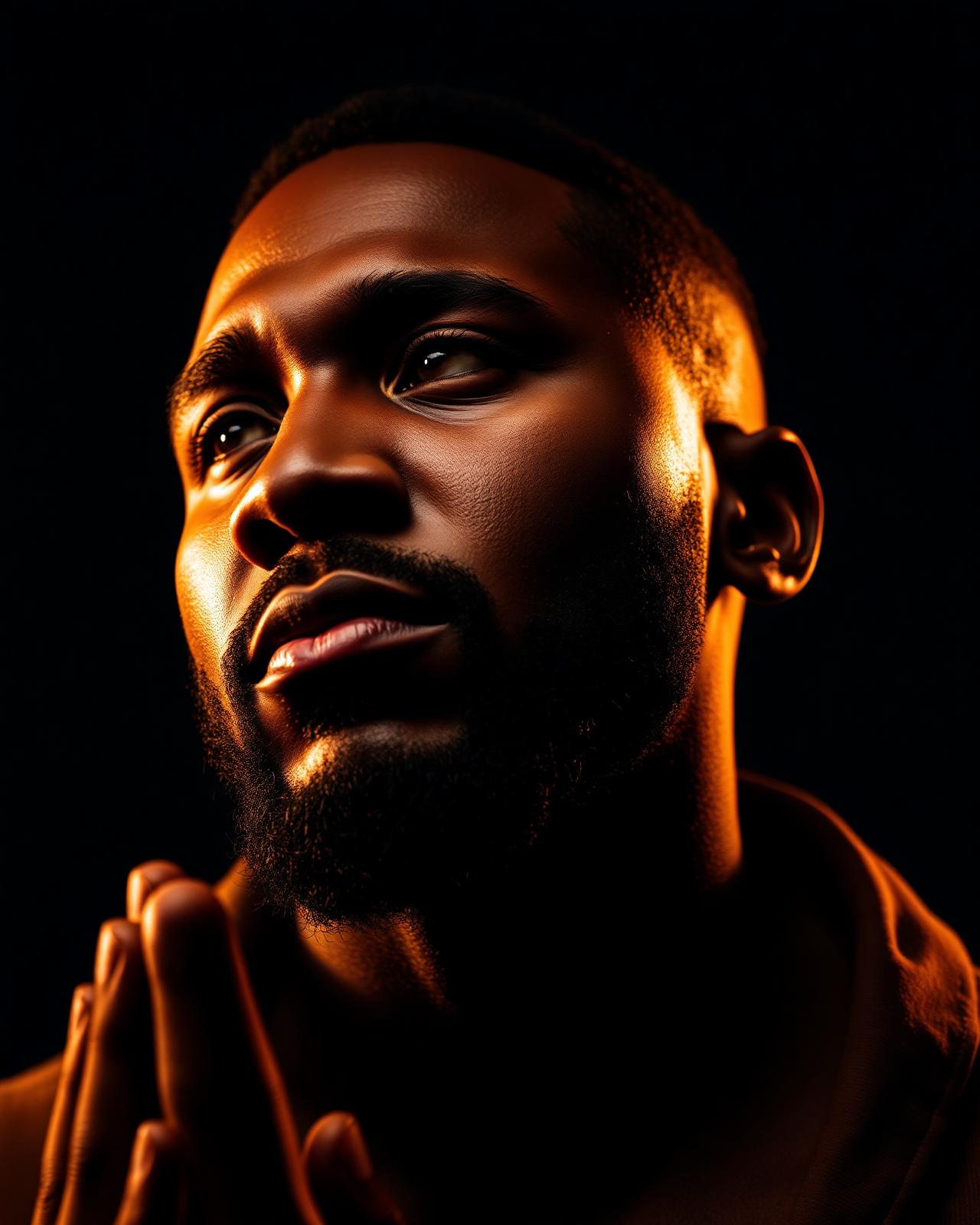 Man in prayer, lit by warm golden light