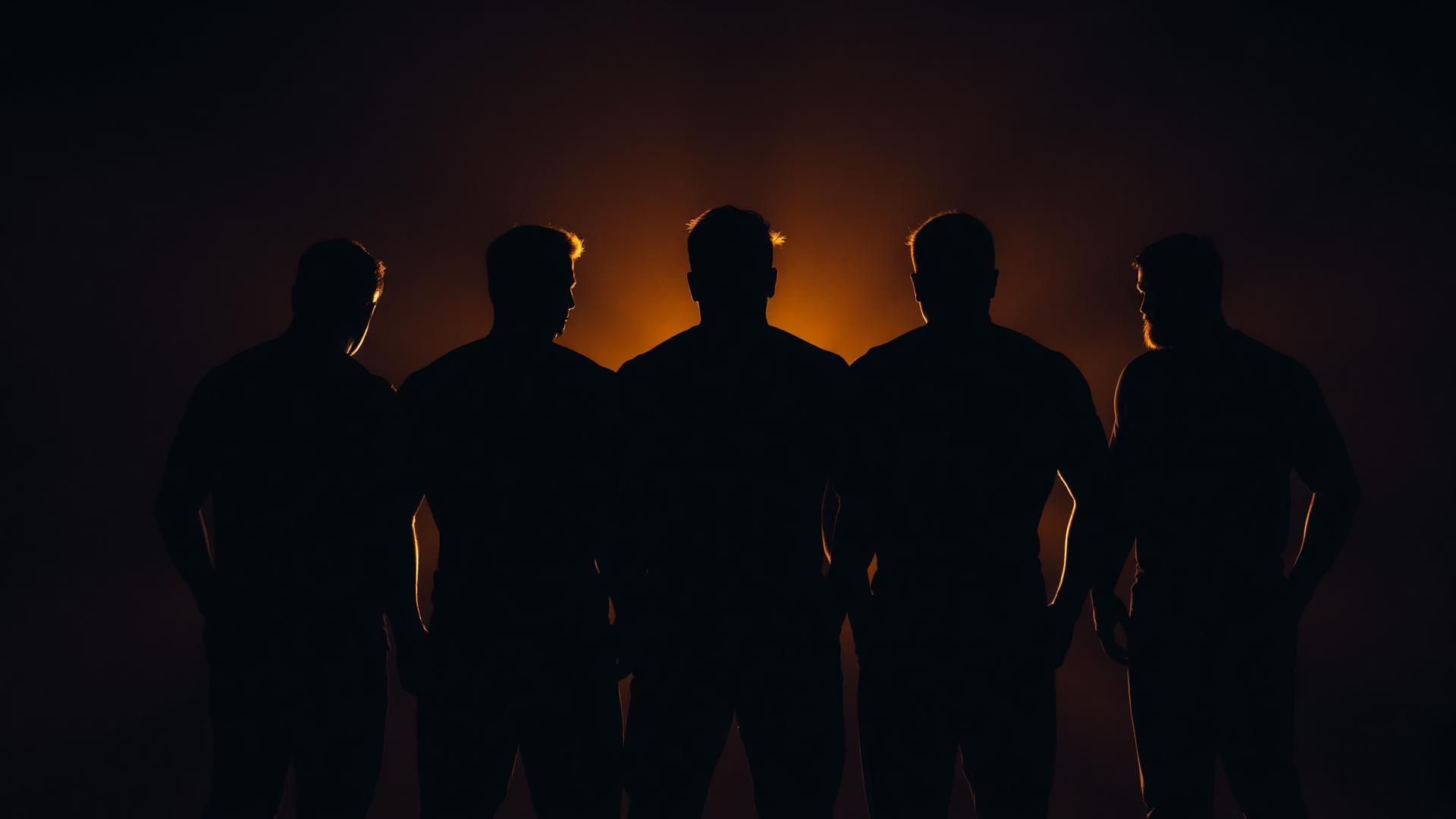 Silhouettes of men standing together backlit by golden light