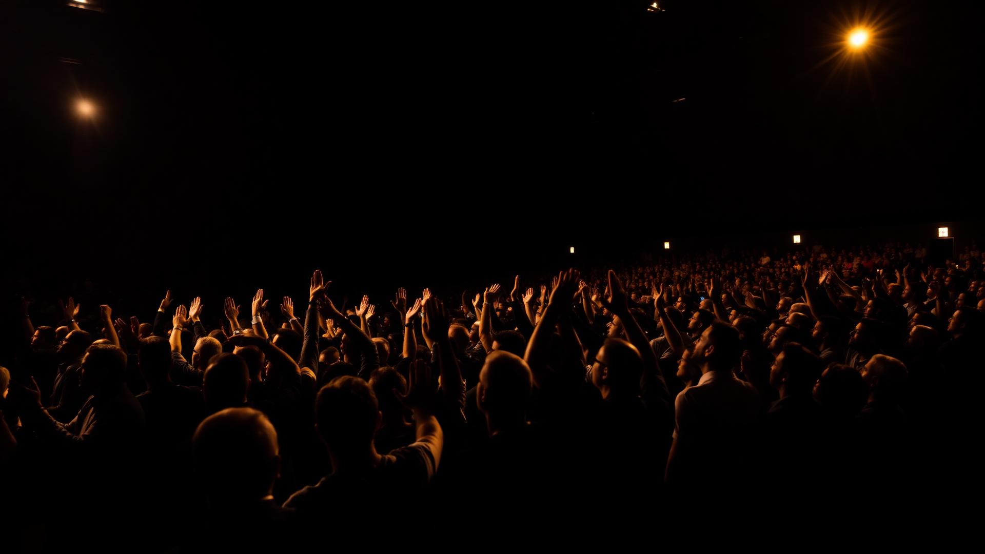 Men gathered at a conference with hands raised